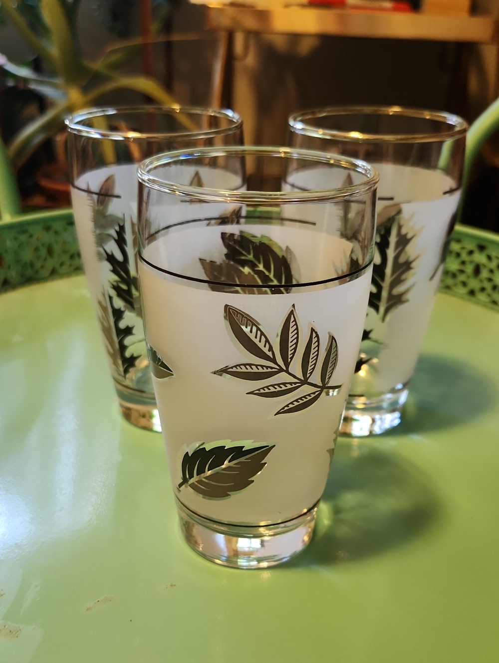 Vintage Libbey Frosted Glass Silver Leaf Pattern MCM Silver Trim Rare Holidays